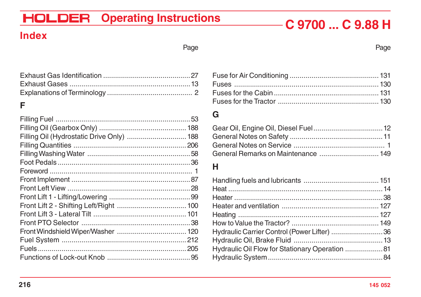 Operating instructions, Index | Holder C-Trac C 9700 User Manual | Page 217 / 221