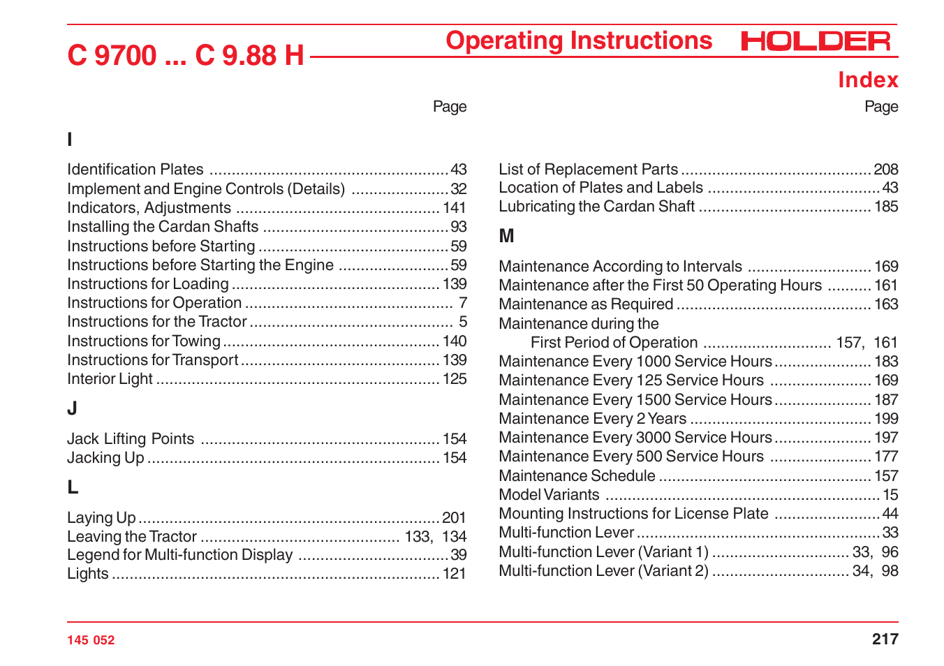Operating instructions, Index | Holder C-Trac C 9700 User Manual | Page 218 / 221