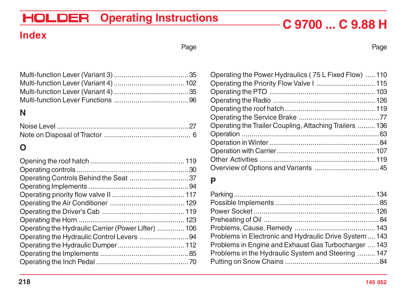 Operating instructions, Index | Holder C-Trac C 9700 User Manual | Page 219 / 221