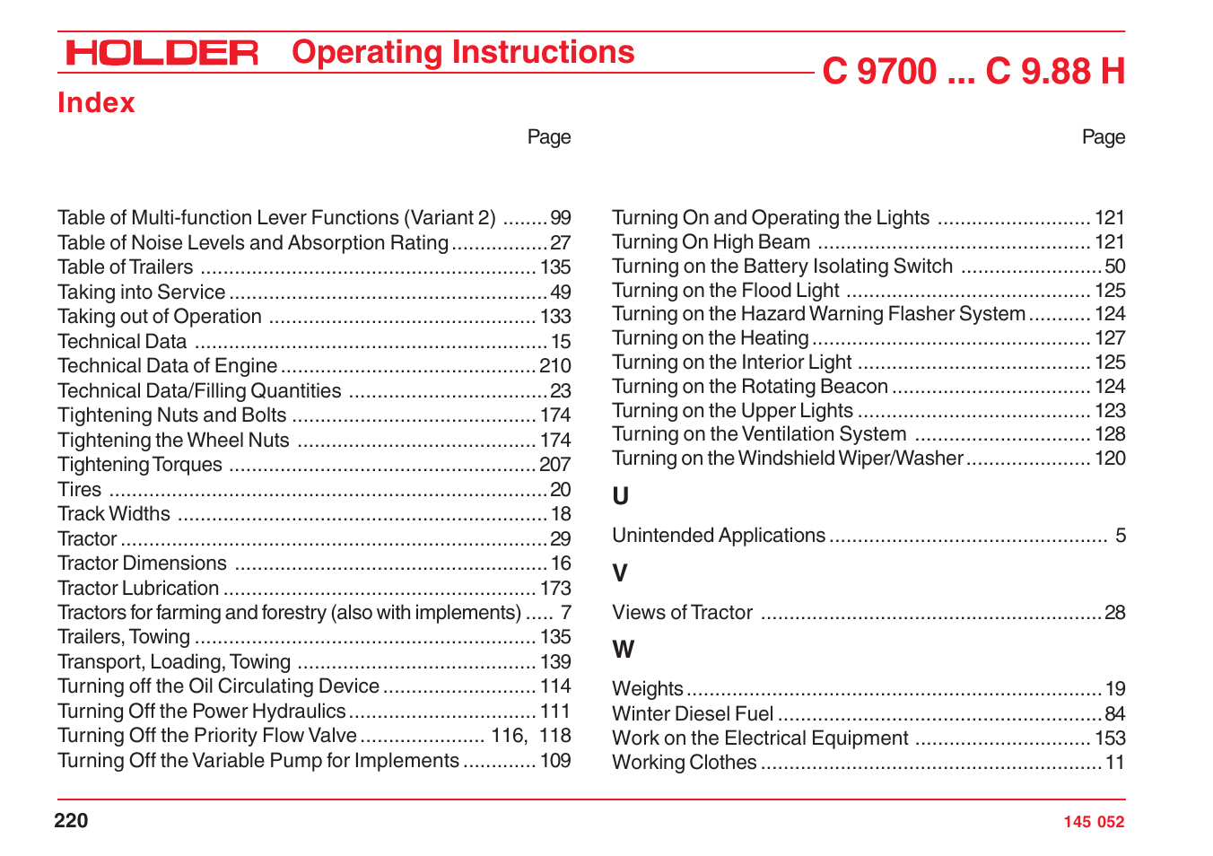 Operating instructions, Index | Holder C-Trac C 9700 User Manual | Page 221 / 221