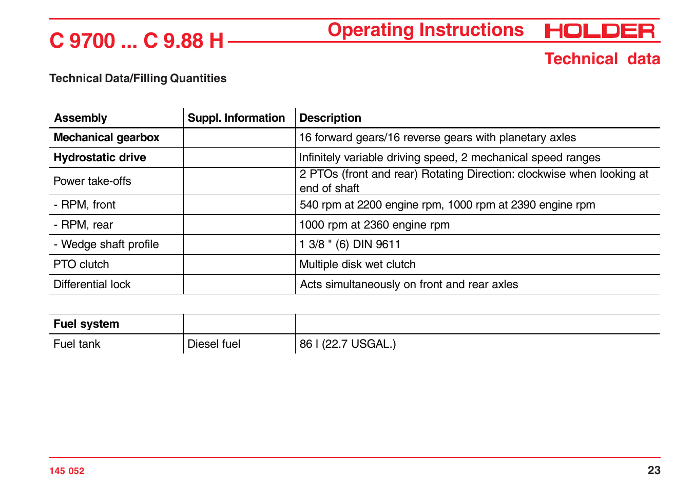 Operating instructions, Technical data | Holder C-Trac C 9700 User Manual | Page 24 / 221