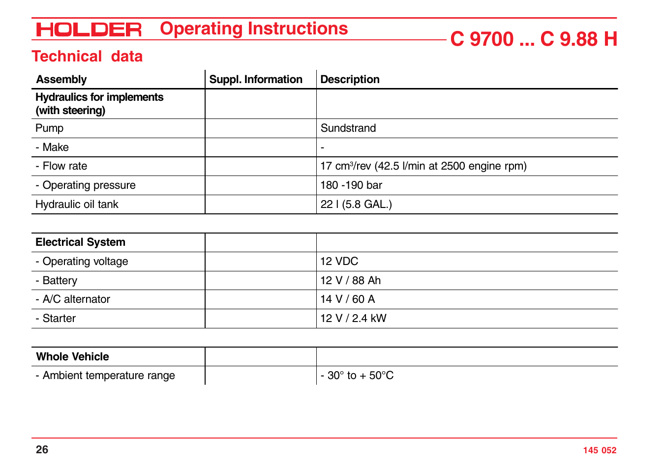 Operating instructions, Technical data | Holder C-Trac C 9700 User Manual | Page 27 / 221