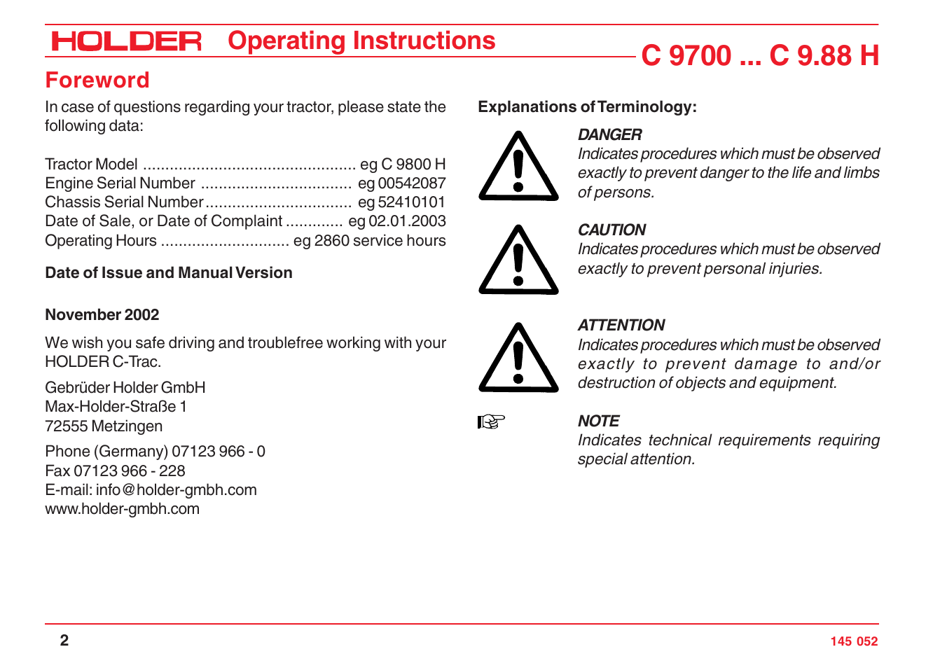 Operating instructions, Foreword | Holder C-Trac C 9700 User Manual | Page 3 / 221