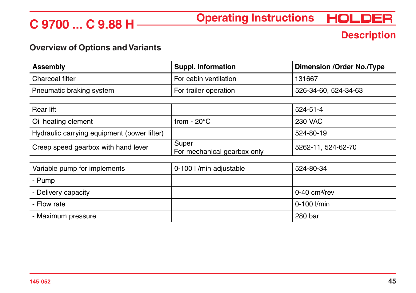 Operating instructions, Description | Holder C-Trac C 9700 User Manual | Page 46 / 221