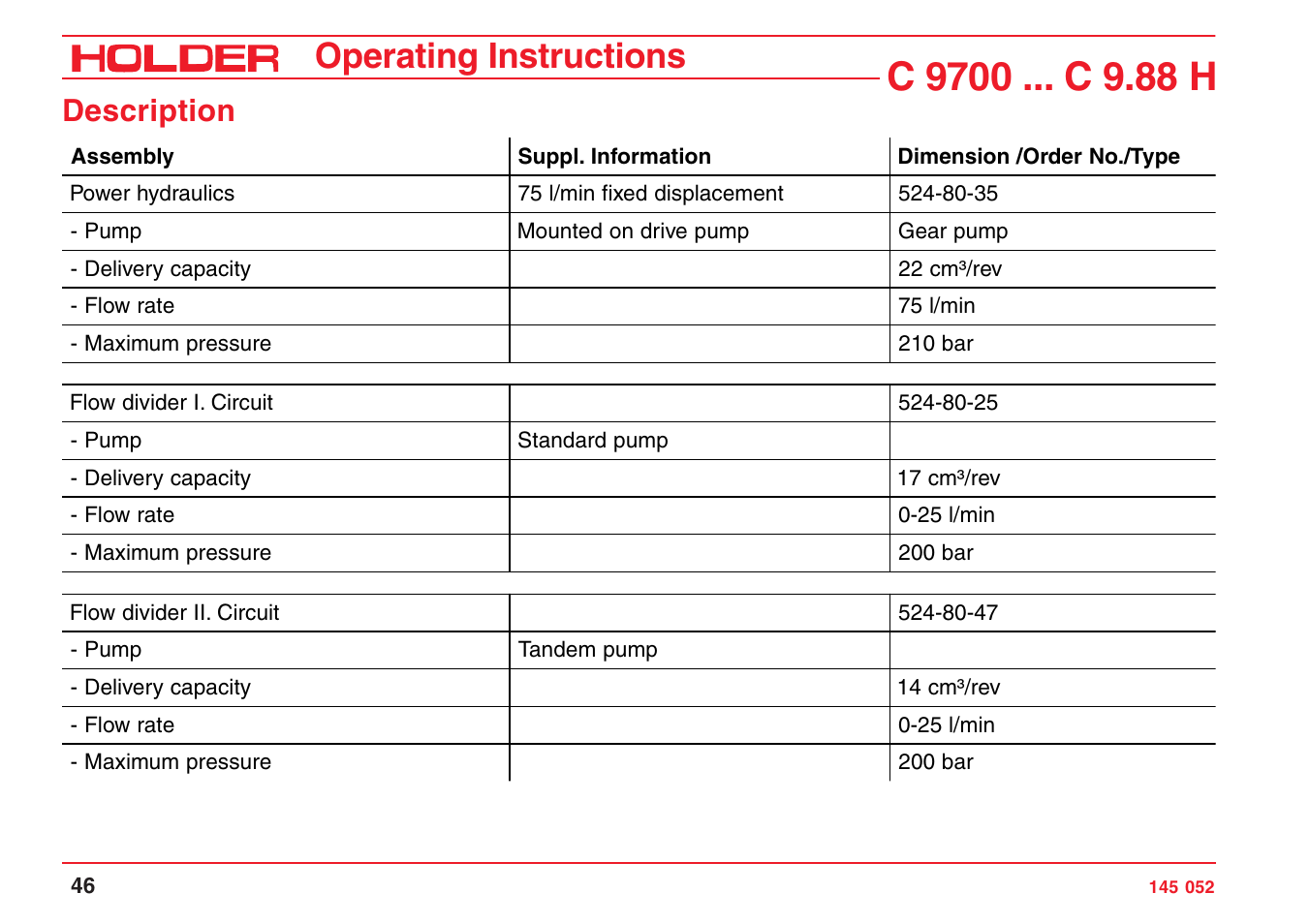 Operating instructions, Description | Holder C-Trac C 9700 User Manual | Page 47 / 221