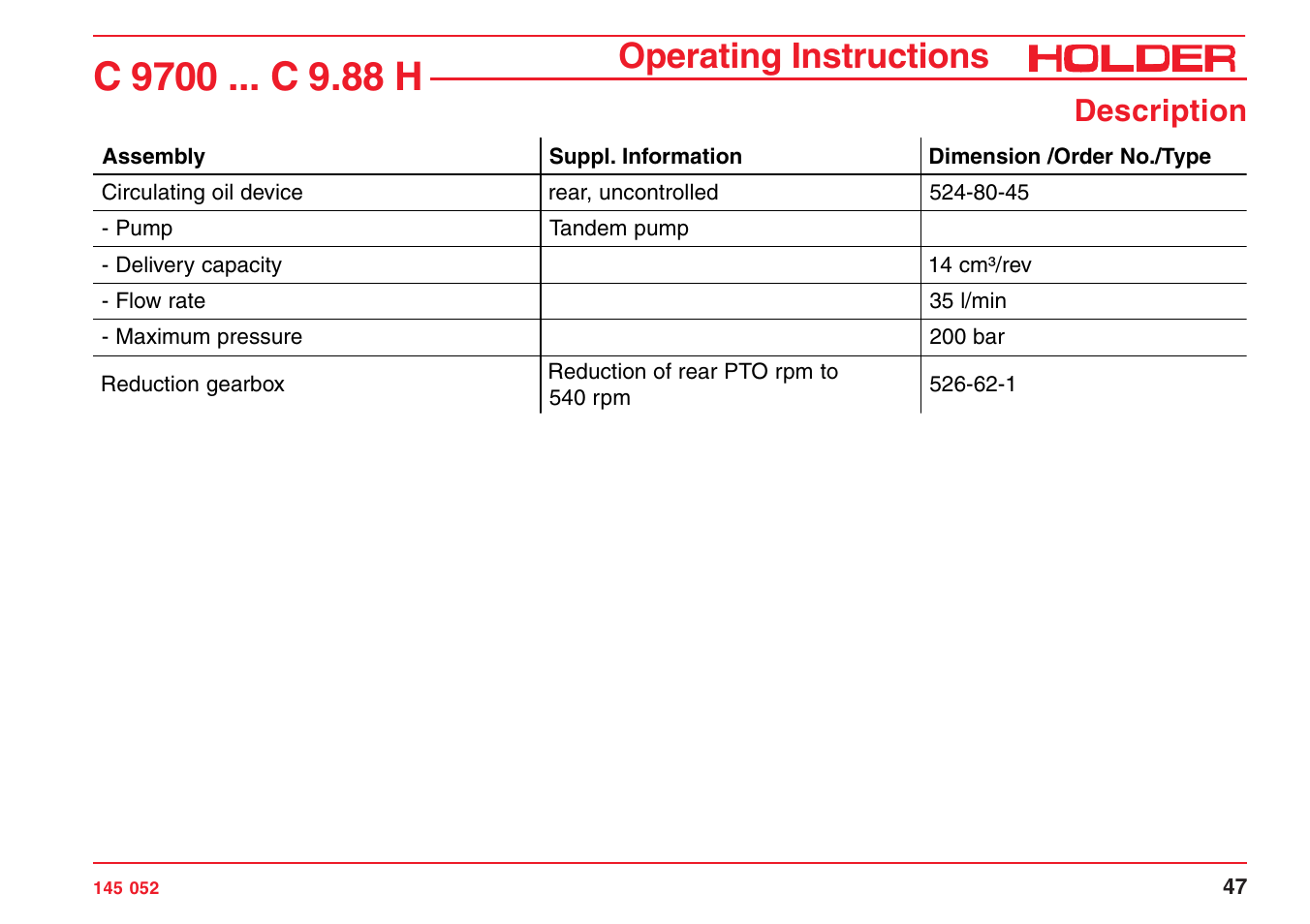 Operating instructions, Description | Holder C-Trac C 9700 User Manual | Page 48 / 221