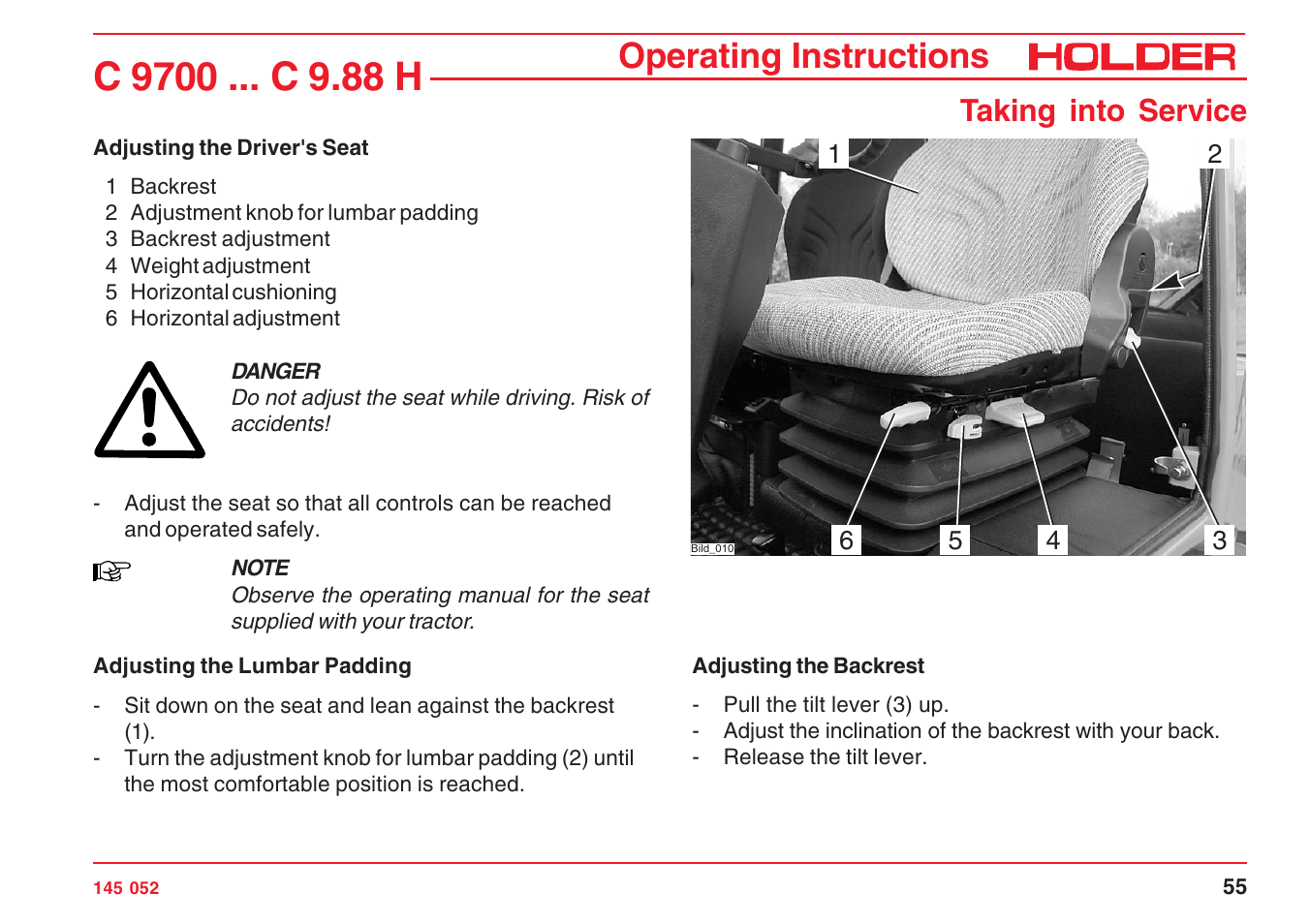 Operating instructions, Taking into service | Holder C-Trac C 9700 User Manual | Page 56 / 221