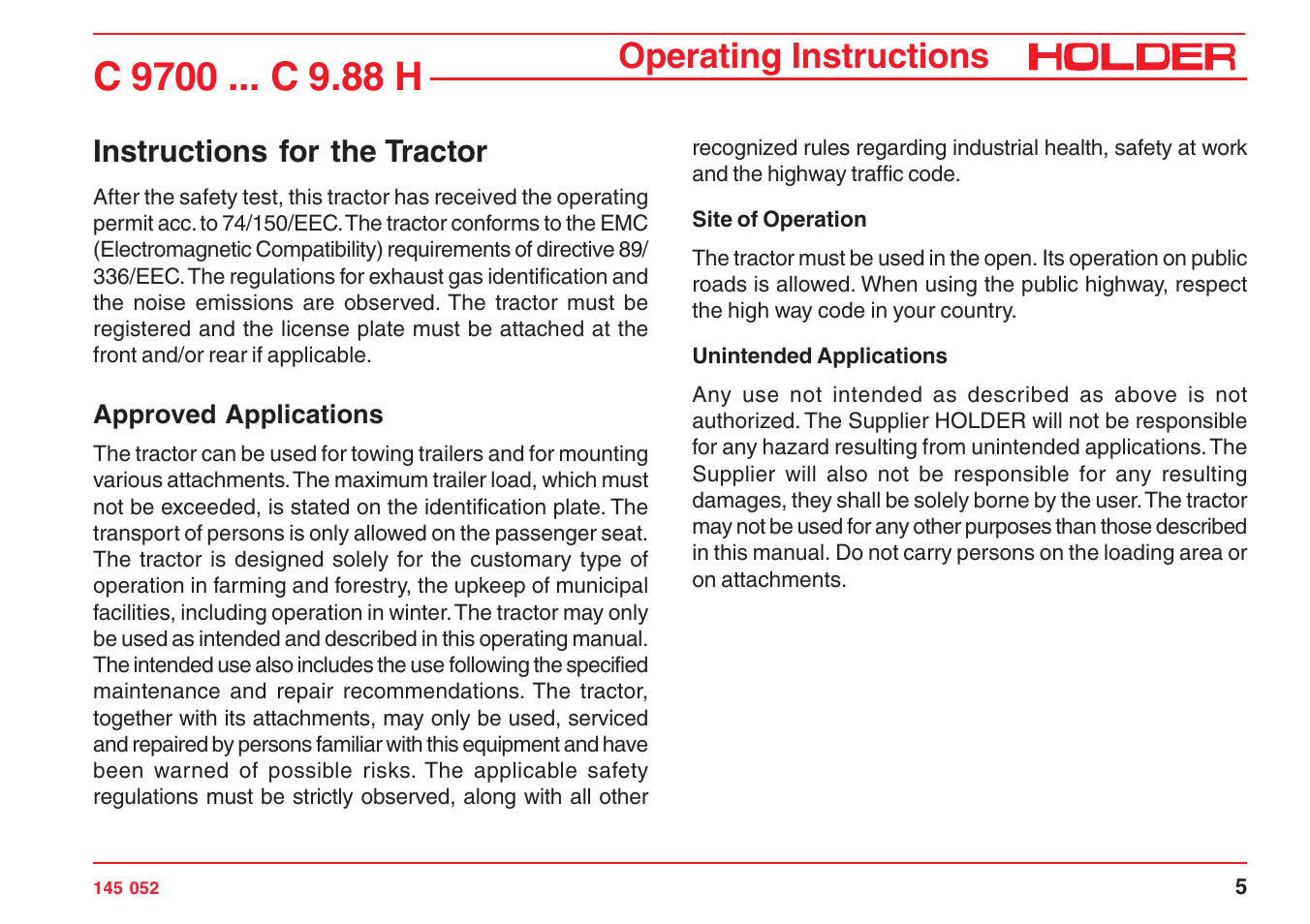 Operating instructions, Instructions for the tractor | Holder C-Trac C 9700 User Manual | Page 6 / 221