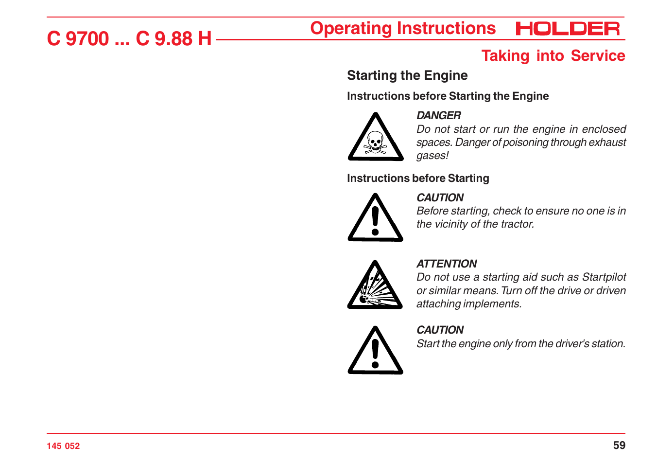 Operating instructions, Taking into service | Holder C-Trac C 9700 User Manual | Page 60 / 221