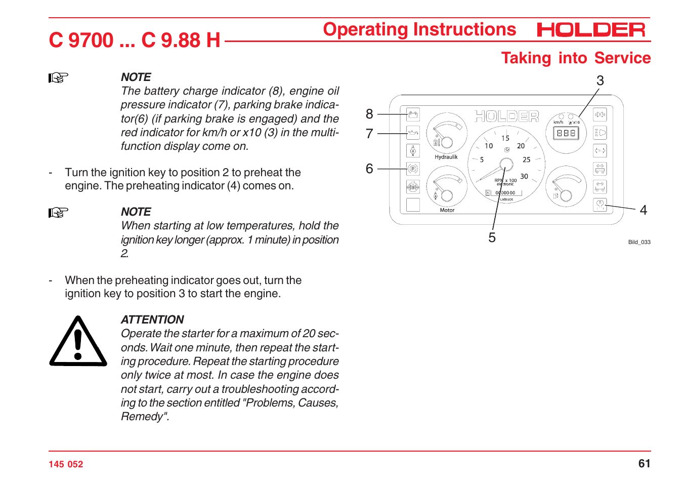 Operating instructions, Taking into service | Holder C-Trac C 9700 User Manual | Page 62 / 221