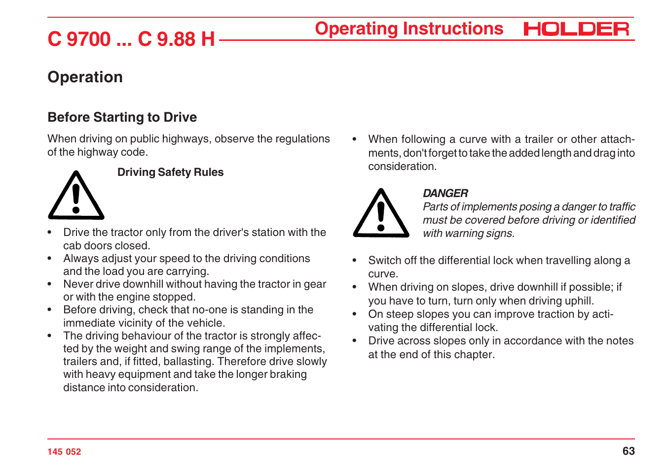 Operating instructions, Operation | Holder C-Trac C 9700 User Manual | Page 64 / 221