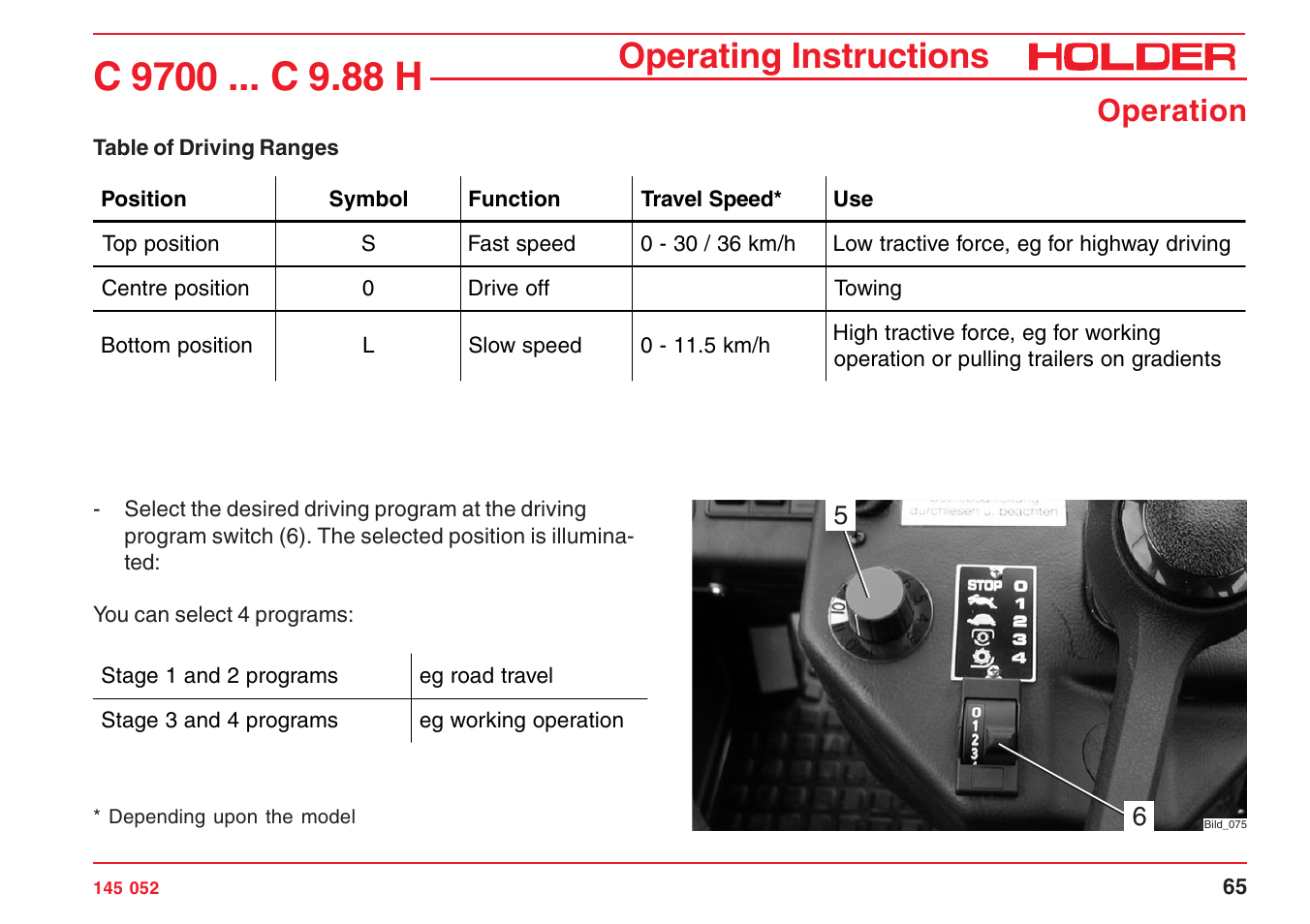 Operating instructions, Operation | Holder C-Trac C 9700 User Manual | Page 66 / 221