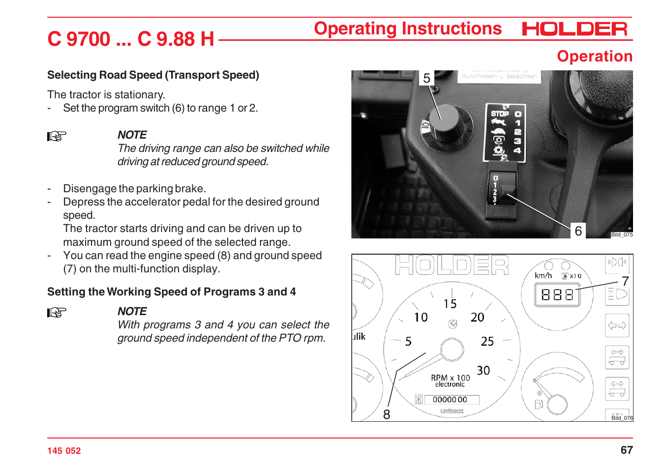 Operating instructions, Operation | Holder C-Trac C 9700 User Manual | Page 68 / 221