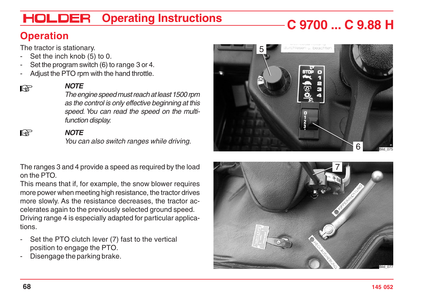 Operating instructions, Operation | Holder C-Trac C 9700 User Manual | Page 69 / 221