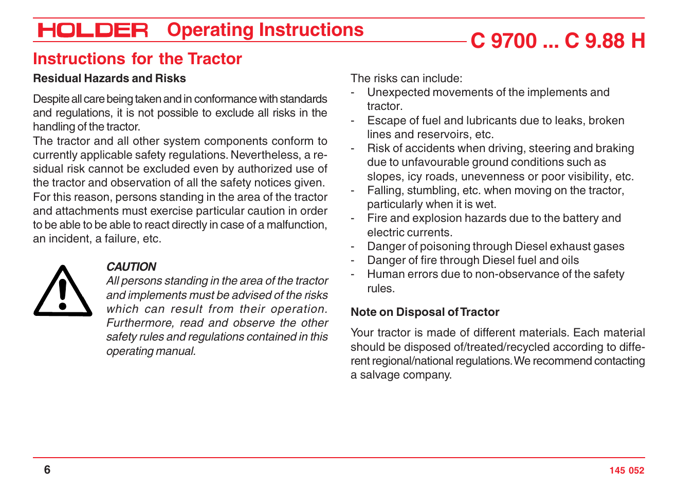 Operating instructions, Instructions for the tractor | Holder C-Trac C 9700 User Manual | Page 7 / 221