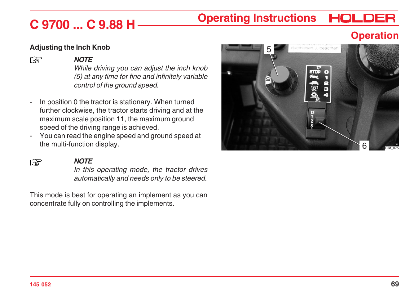 Operating instructions, Operation | Holder C-Trac C 9700 User Manual | Page 70 / 221