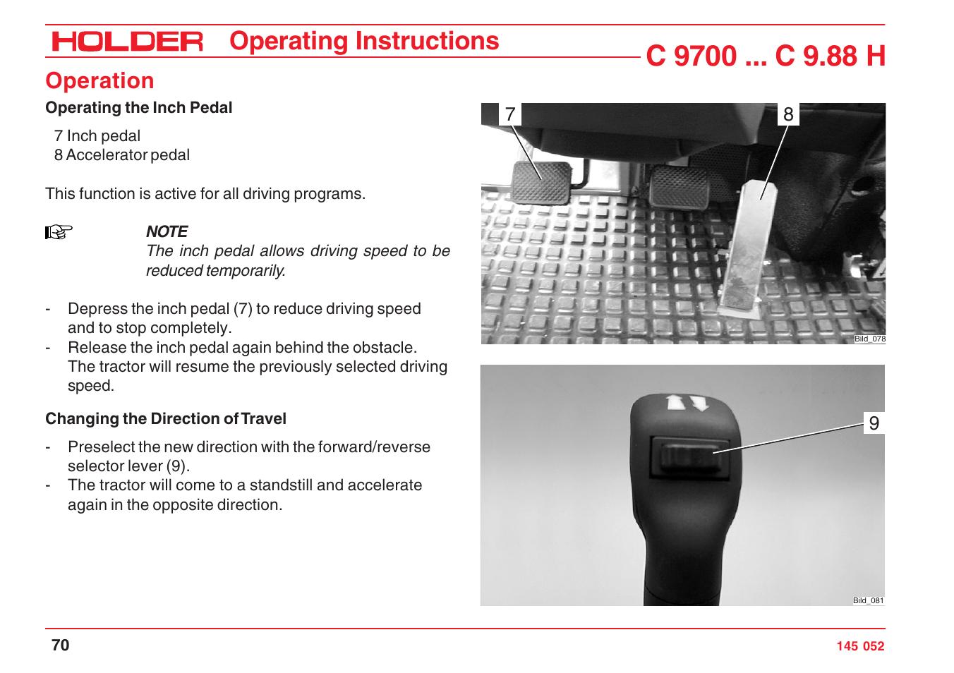 Operating instructions, Operation | Holder C-Trac C 9700 User Manual | Page 71 / 221