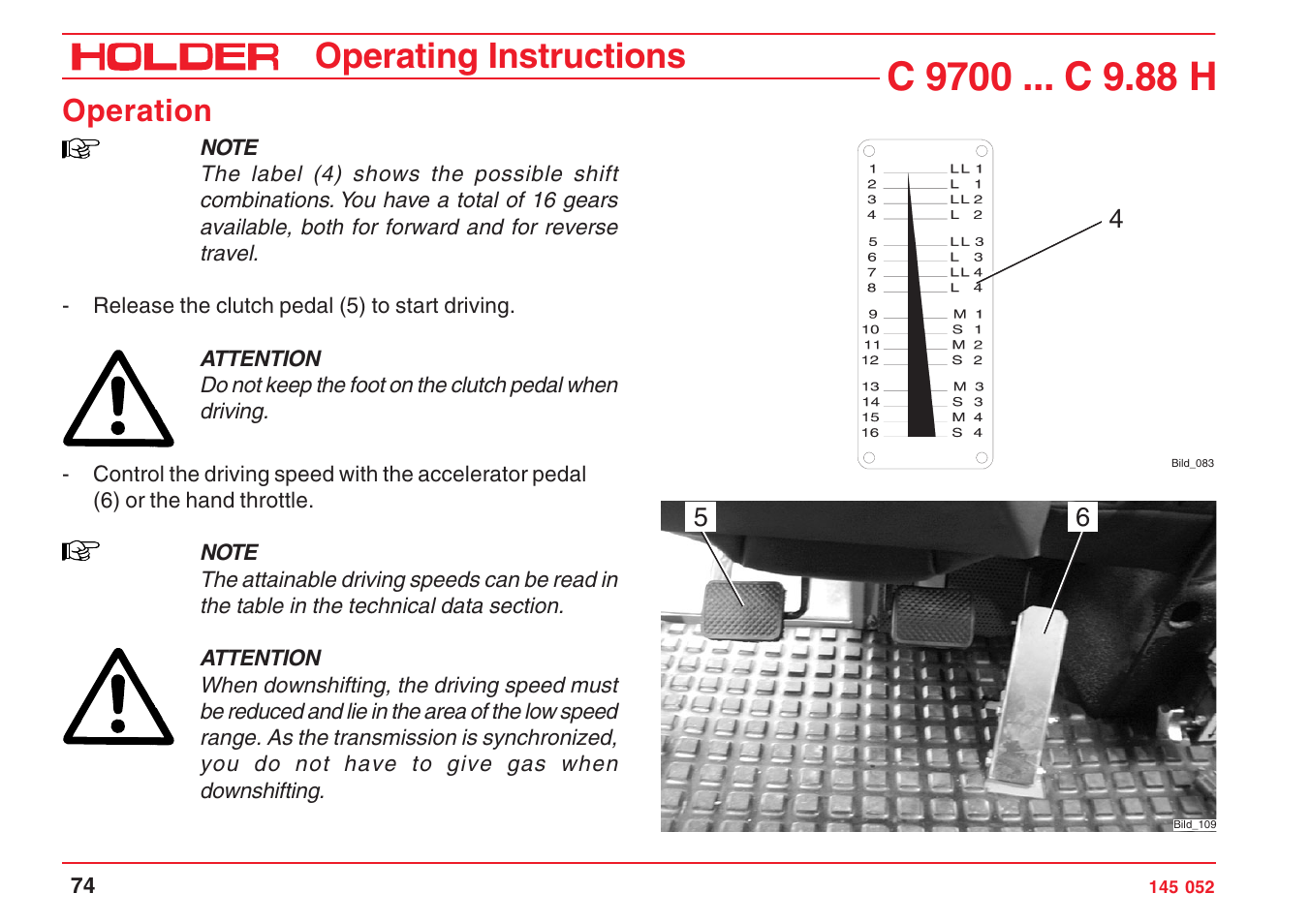 Operating instructions, Operation | Holder C-Trac C 9700 User Manual | Page 75 / 221