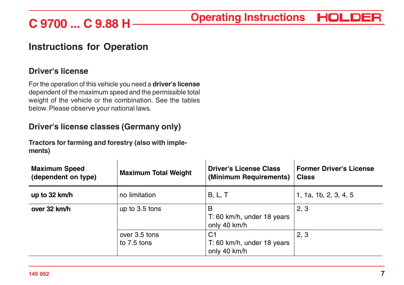 Operating instructions, Instructions for operation | Holder C-Trac C 9700 User Manual | Page 8 / 221