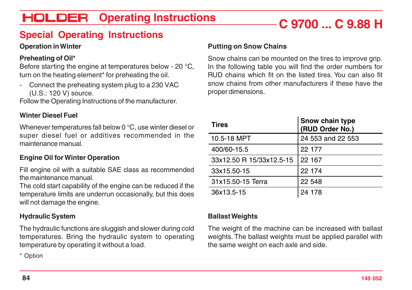 Operating instructions, Special operating instructions | Holder C-Trac C 9700 User Manual | Page 85 / 221