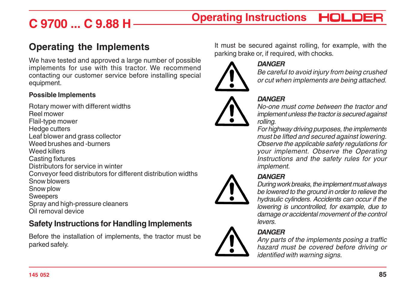 Operating instructions, Operating the implements | Holder C-Trac C 9700 User Manual | Page 86 / 221