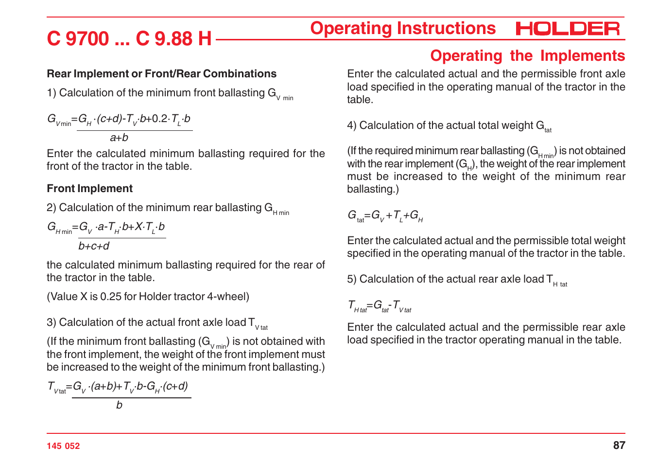 Operating instructions, Operating the implements | Holder C-Trac C 9700 User Manual | Page 88 / 221