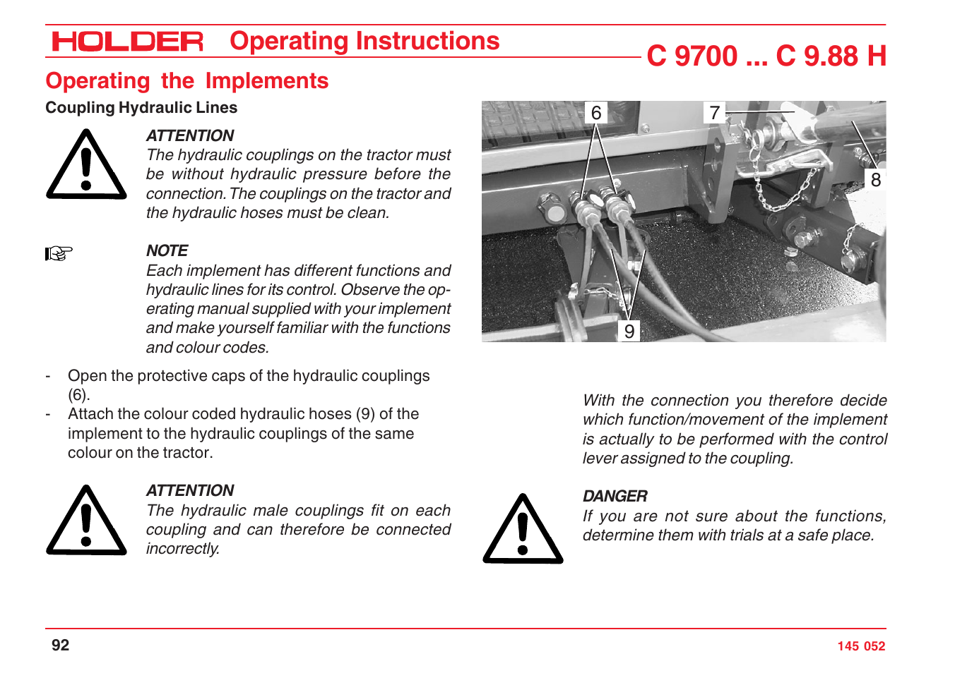 Operating instructions, Operating the implements | Holder C-Trac C 9700 User Manual | Page 93 / 221