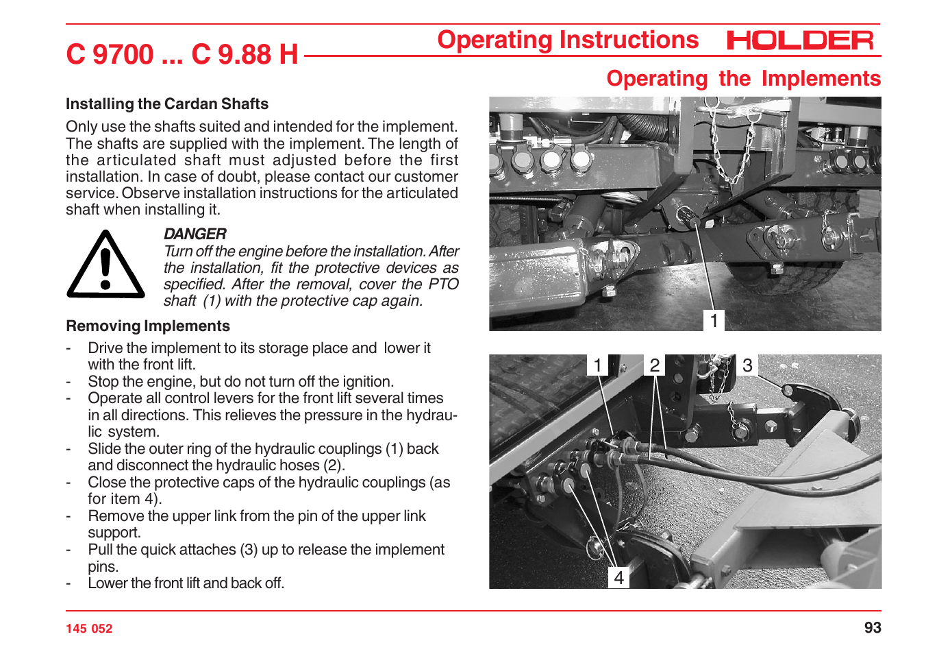 Operating instructions, Operating the implements | Holder C-Trac C 9700 User Manual | Page 94 / 221