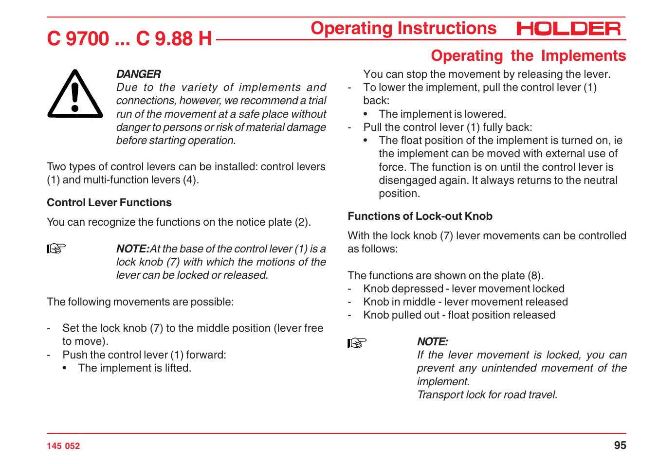 Operating instructions, Operating the implements | Holder C-Trac C 9700 User Manual | Page 96 / 221
