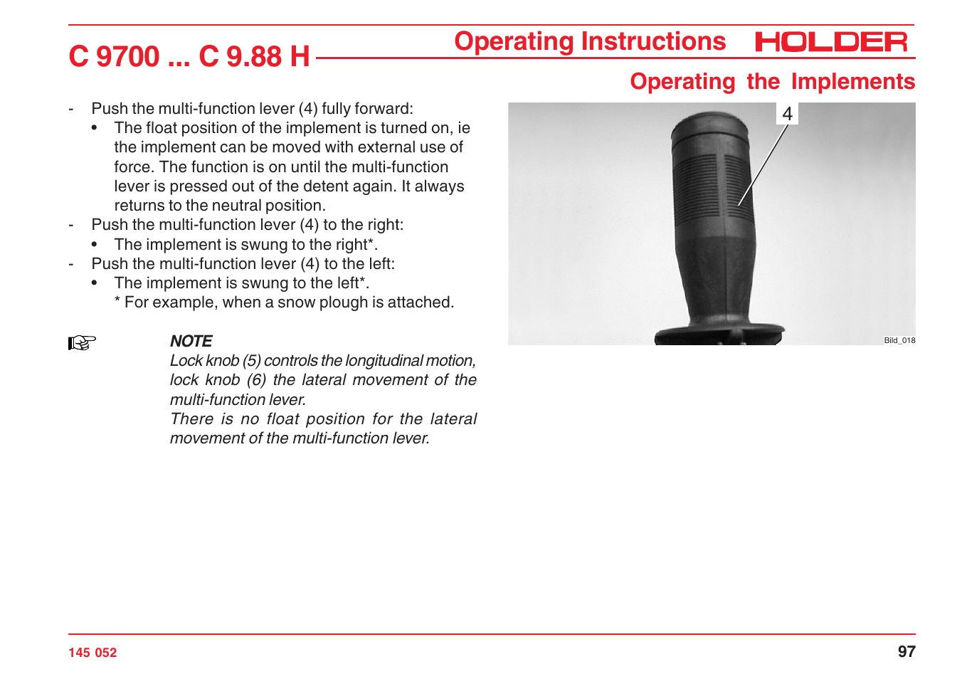 Operating instructions, Operating the implements | Holder C-Trac C 9700 User Manual | Page 98 / 221