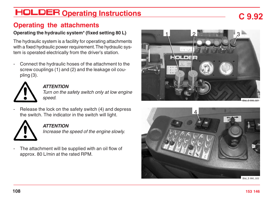 C 9.92, Operating instructions, Operating the attachments | Holder C 9.92 H User Manual | Page 110 / 238