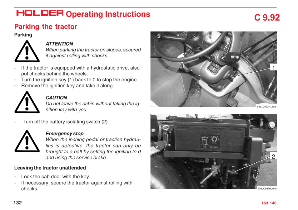 C 9.92, Operating instructions, Parking the tractor | Holder C 9.92 H User Manual | Page 134 / 238