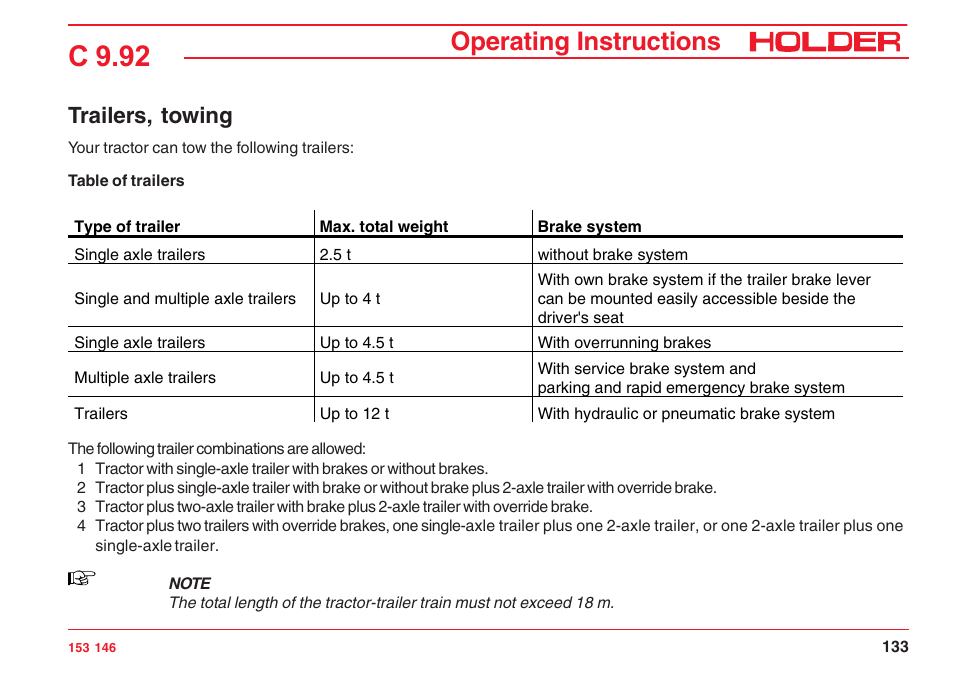 C 9.92, Operating instructions, Trailers, towing | Holder C 9.92 H User Manual | Page 135 / 238