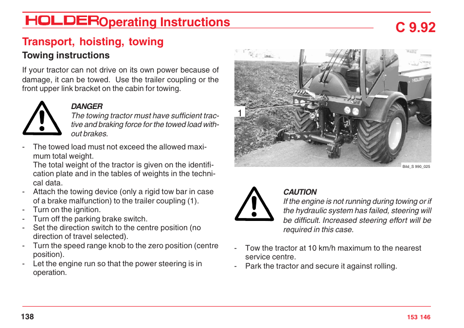 C 9.92, Operating instructions, Transport, hoisting, towing | Holder C 9.92 H User Manual | Page 140 / 238