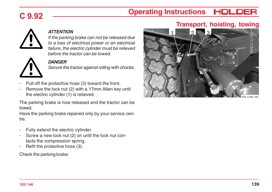 C 9.92, Operating instructions, Transport, hoisting, towing | Holder C 9.92 H User Manual | Page 141 / 238