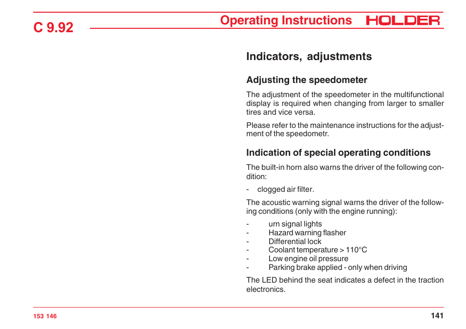 C 9.92, Operating instructions, Indicators, adjustments | Holder C 9.92 H User Manual | Page 143 / 238
