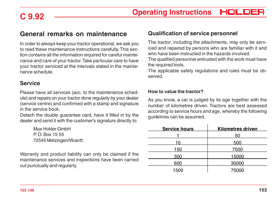 C 9.92, Operating instructions, General remarks on maintenance | Holder C 9.92 H User Manual | Page 155 / 238