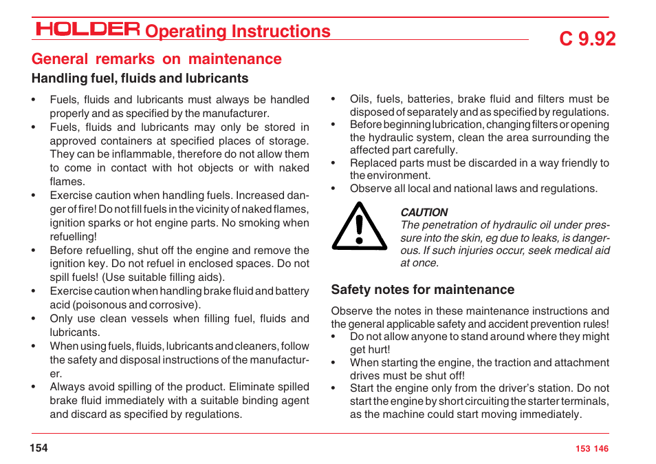 C 9.92, Operating instructions, General remarks on maintenance | Holder C 9.92 H User Manual | Page 156 / 238