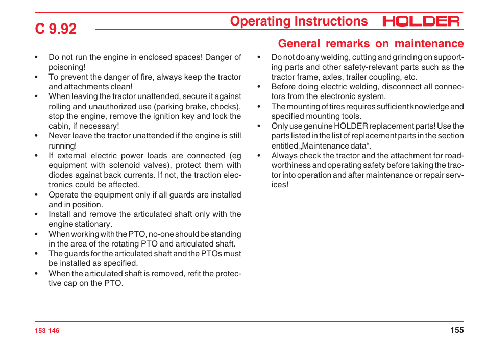 C 9.92, Operating instructions, General remarks on maintenance | Holder C 9.92 H User Manual | Page 157 / 238