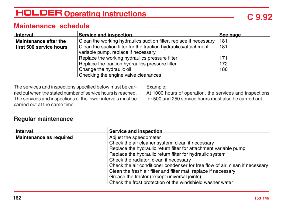 C 9.92, Operating instructions, Maintenance schedule | Holder C 9.92 H User Manual | Page 164 / 238
