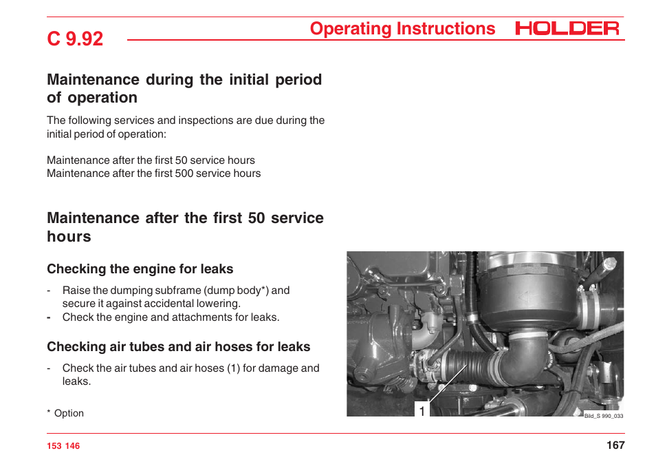 C 9.92, Operating instructions, Maintenance during the initial period of operation | Maintenance after the first 50 service hours | Holder C 9.92 H User Manual | Page 169 / 238