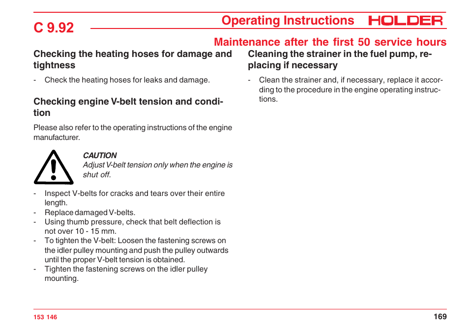 C 9.92, Operating instructions, Maintenance after the first 50 service hours | Holder C 9.92 H User Manual | Page 171 / 238