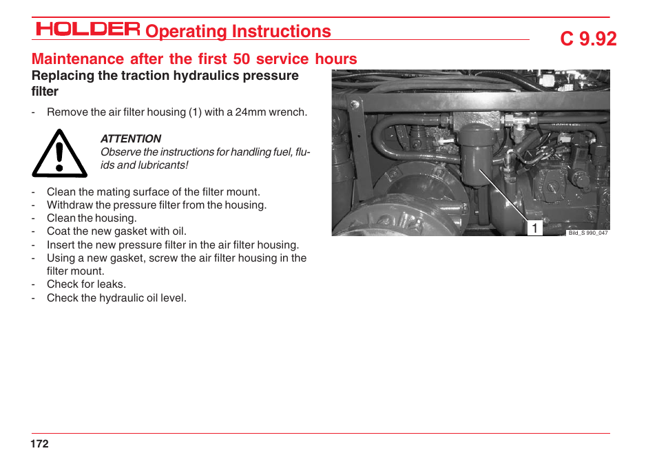 C 9.92, Operating instructions, Maintenance after the first 50 service hours | Holder C 9.92 H User Manual | Page 174 / 238