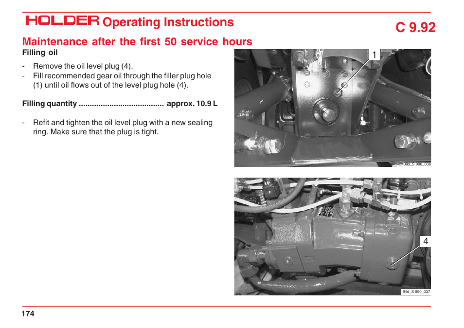 C 9.92, Operating instructions, Maintenance after the first 50 service hours | Holder C 9.92 H User Manual | Page 176 / 238