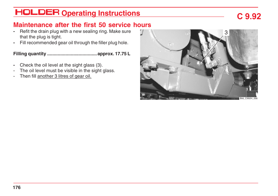 C 9.92, Operating instructions, Maintenance after the first 50 service hours | Holder C 9.92 H User Manual | Page 178 / 238