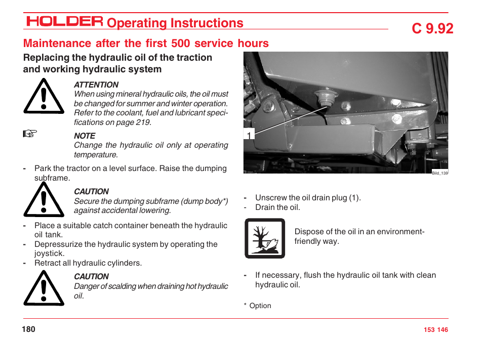 C 9.92, Operating instructions, Maintenance after the first 500 service hours | Holder C 9.92 H User Manual | Page 182 / 238