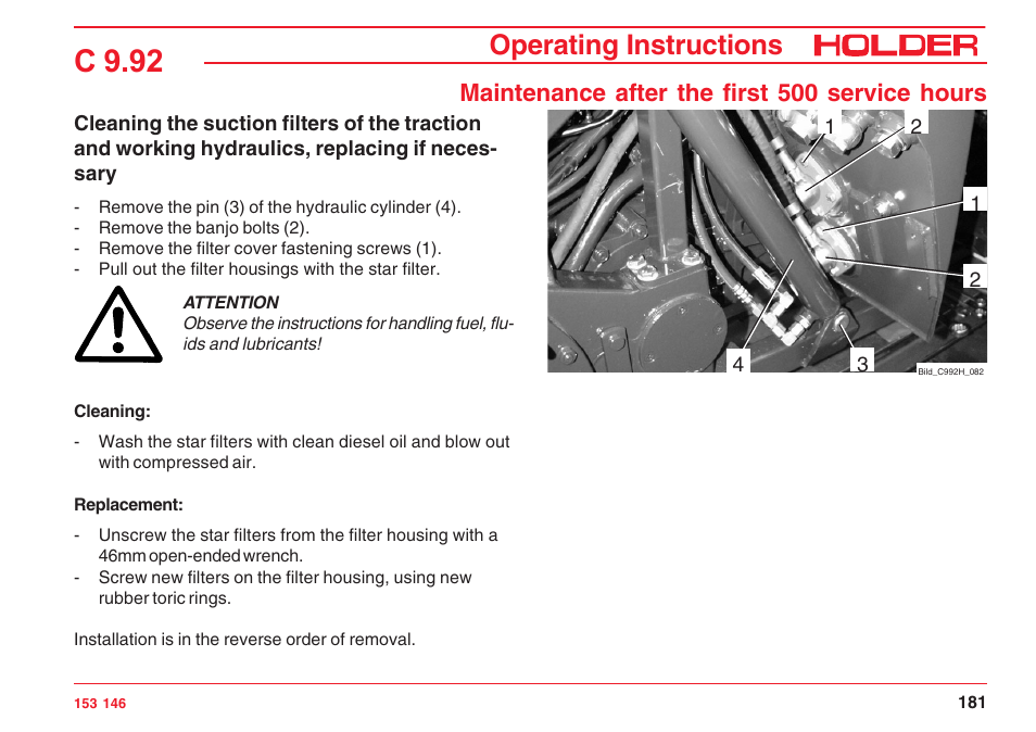 C 9.92, Operating instructions, Maintenance after the first 500 service hours | Holder C 9.92 H User Manual | Page 183 / 238