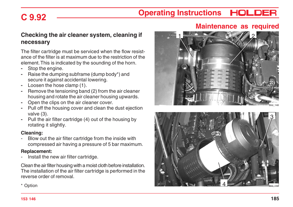 C 9.92, Operating instructions, Maintenance as required | Holder C 9.92 H User Manual | Page 187 / 238