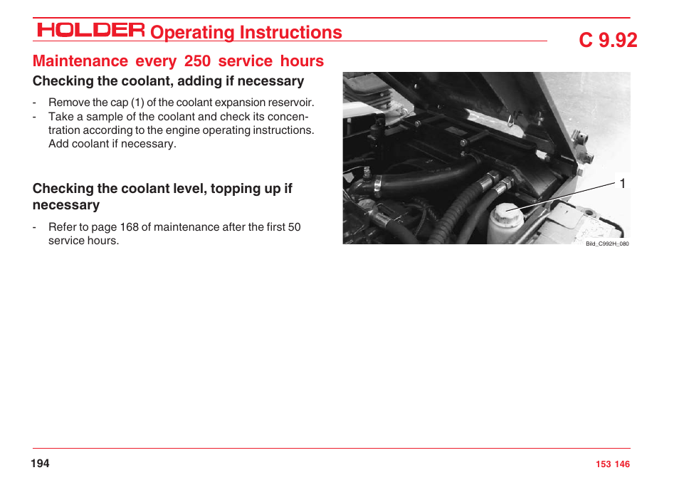 C 9.92, Operating instructions, Maintenance every 250 service hours | Holder C 9.92 H User Manual | Page 196 / 238