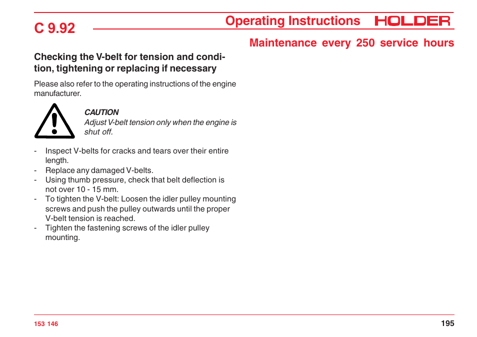 C 9.92, Operating instructions, Maintenance every 250 service hours | Holder C 9.92 H User Manual | Page 197 / 238